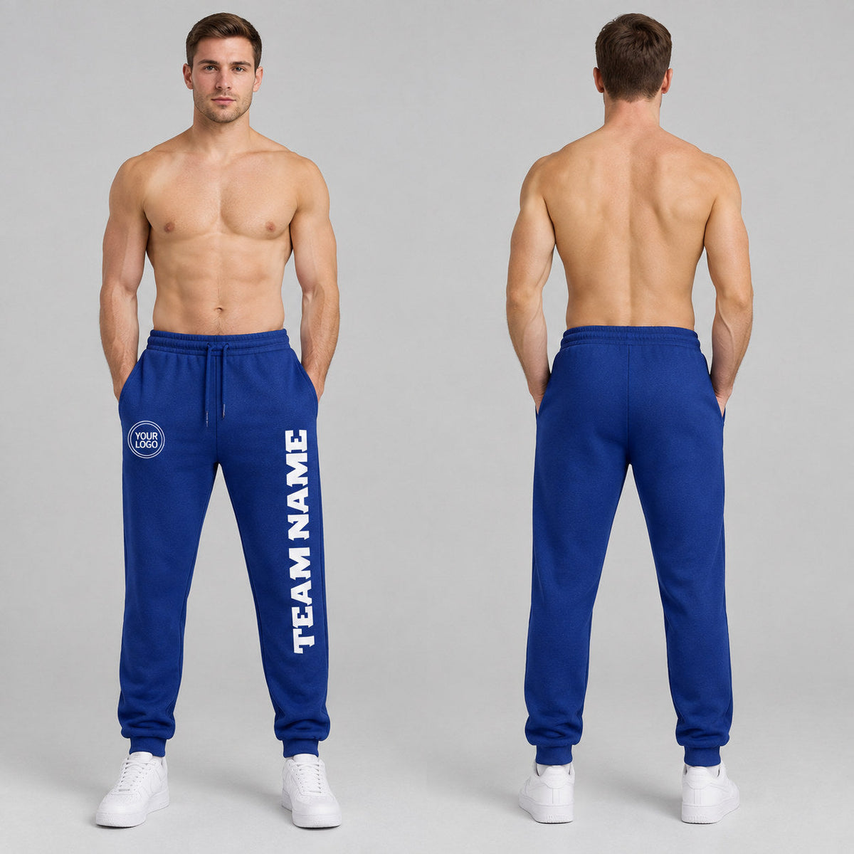 Custom Royal Fleece Jogger Sweatpants with White Accents worn by male model