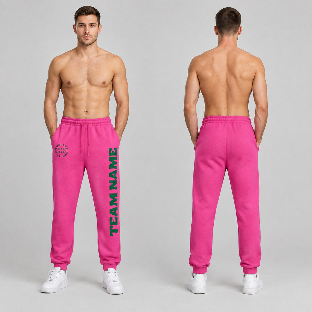 Custom Pink Fleece Jogger Sweatpants with Kelly Green Accents worn by male model