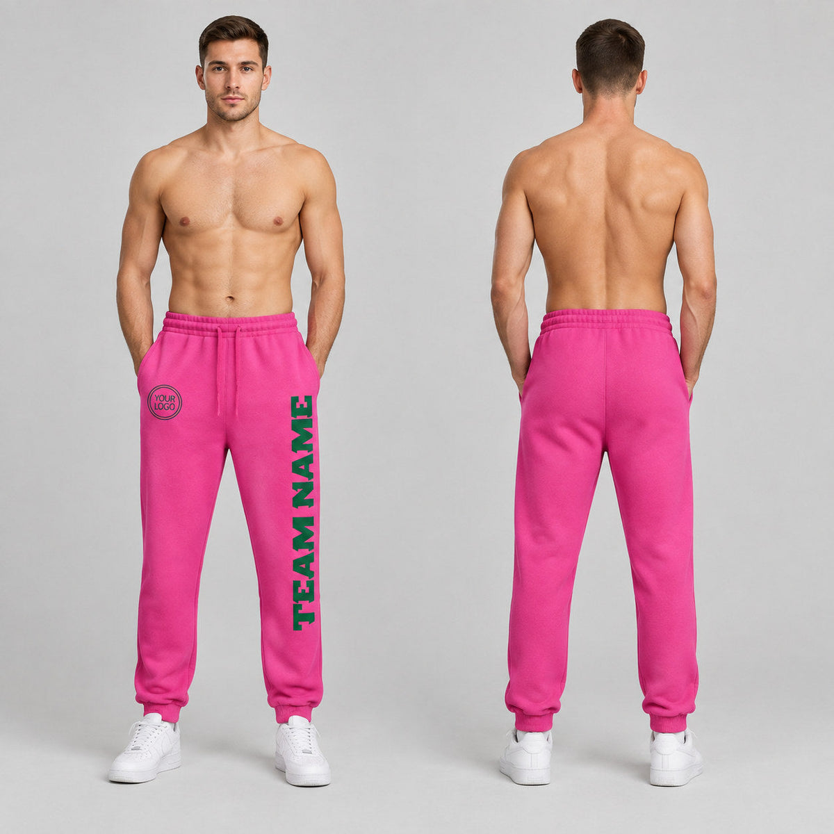 Custom Pink Fleece Jogger Sweatpants with Kelly Green Accents worn by male model