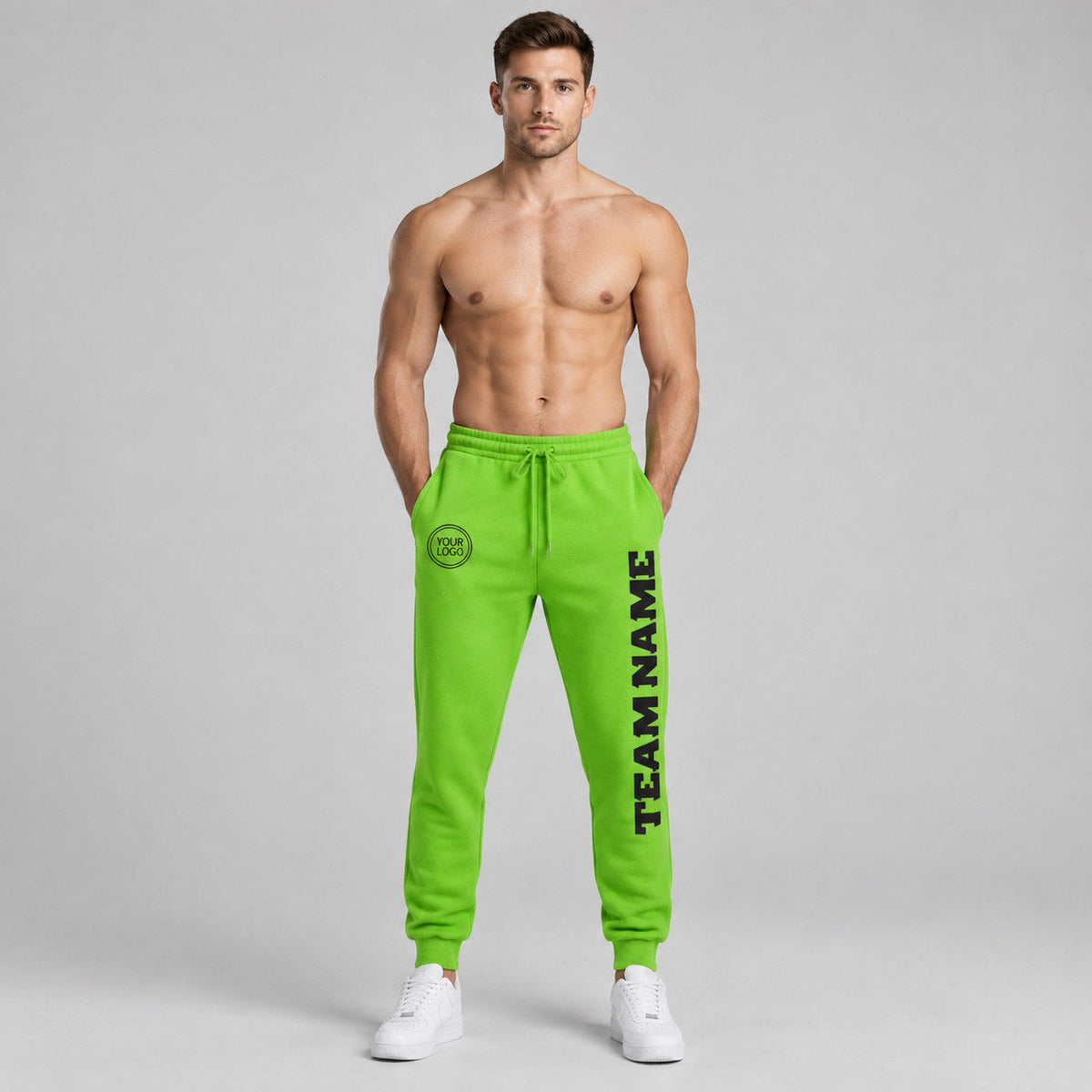 Custom Neon Green Fleece Jogger Sweatpants with Black Accents worn by male model