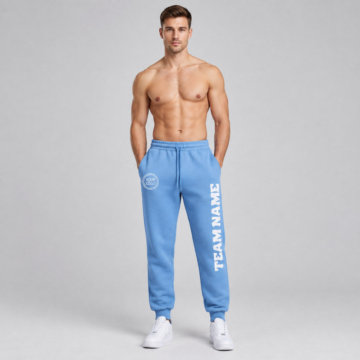 Custom Light Blue Fleece Jogger Sweatpants with White Accents worn by male model