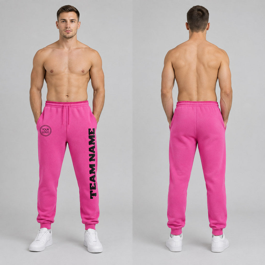 Custom Pink Fleece Jogger Sweatpants with Black Accents worn by male model