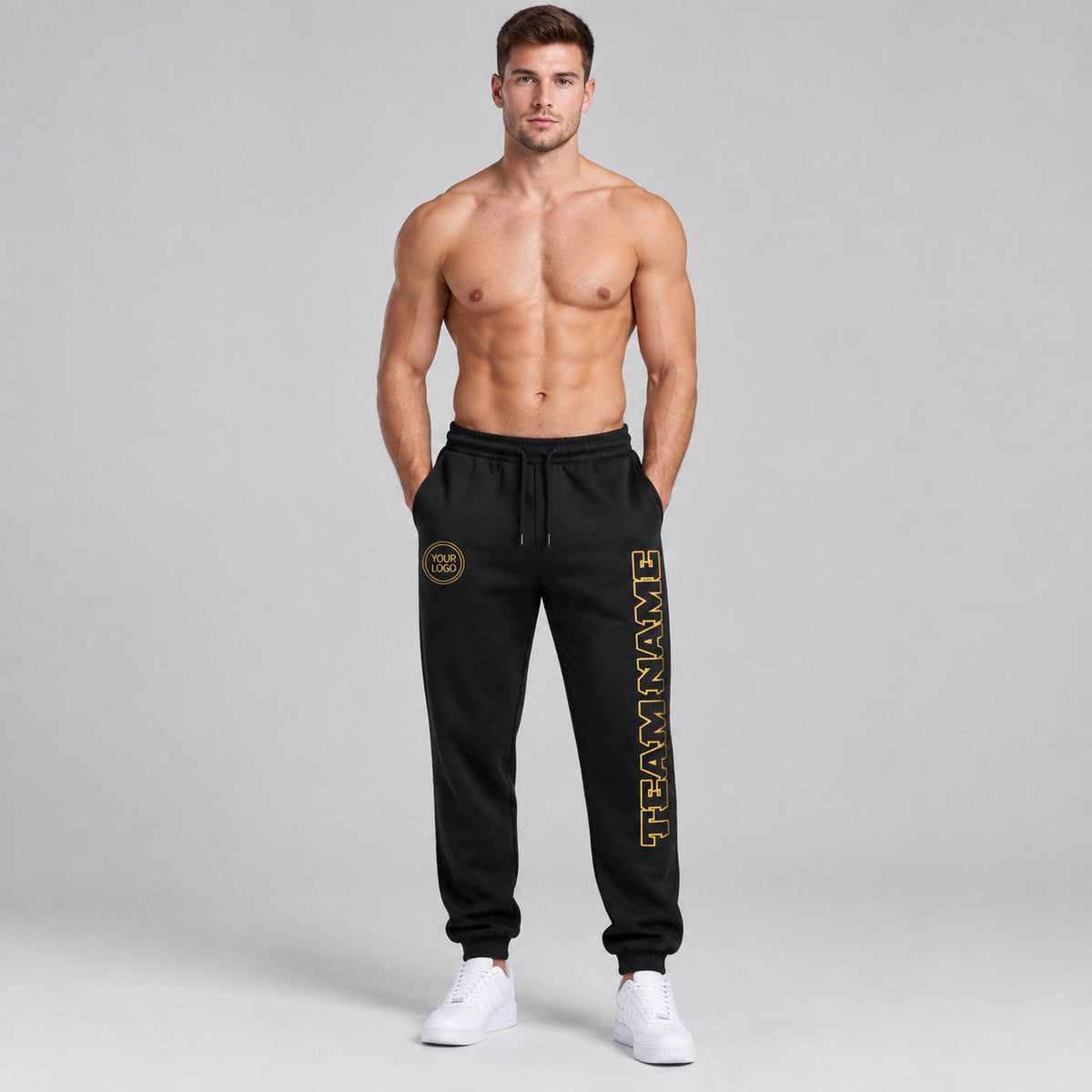 Custom Black Fleece Jogger Sweatpants with Black and Old Gold Accents worn by male model