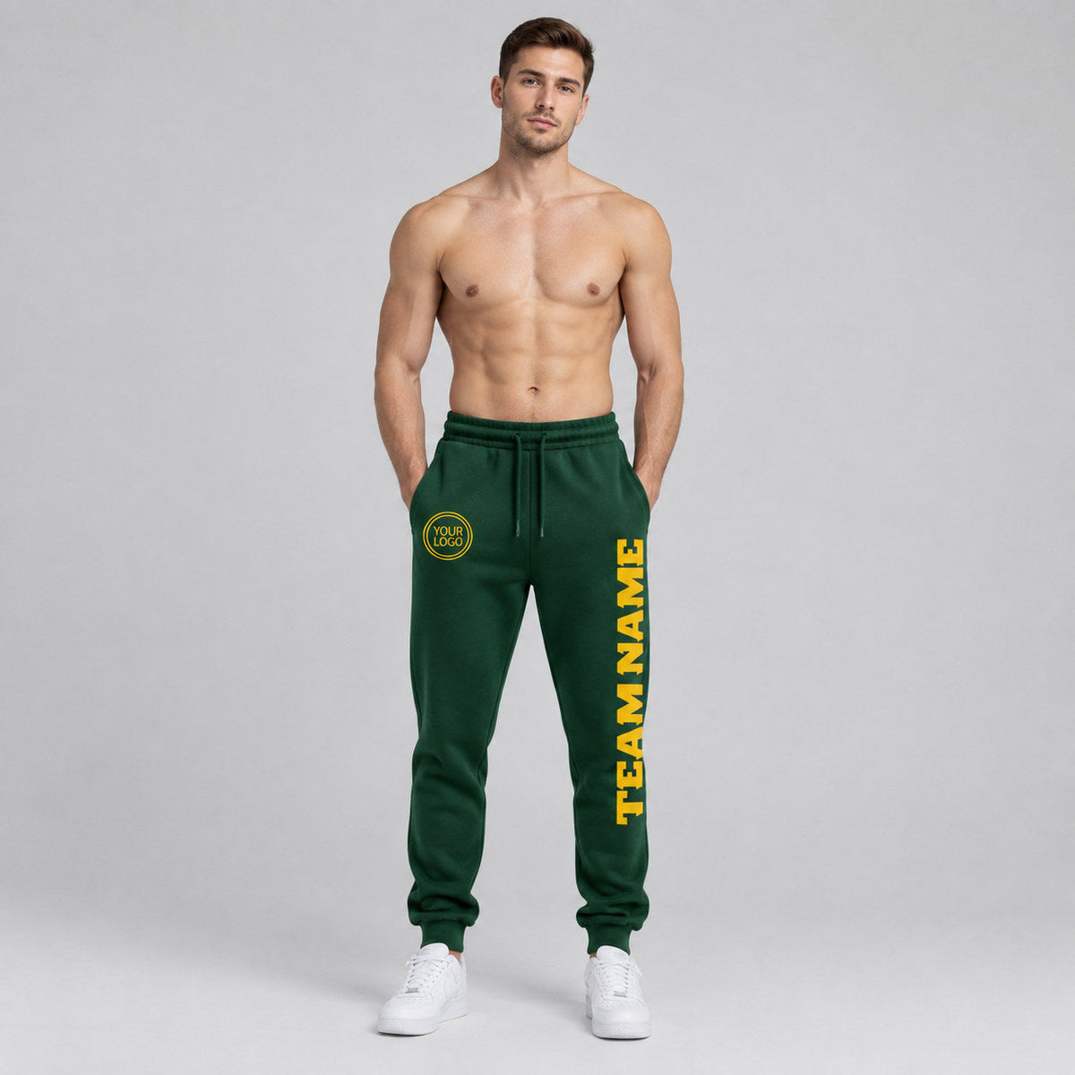 Custom Green Fleece Jogger Sweatpants with Gold Accents worn by male model