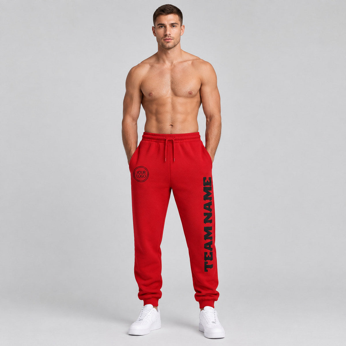 Custom Red Fleece Jogger Sweatpants with Black Accents worn by male model
