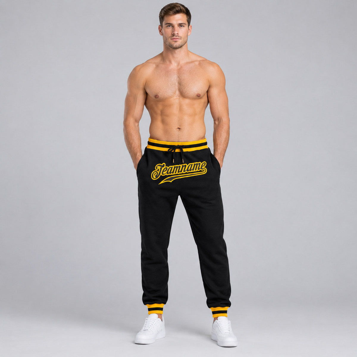 Custom Black Pants with Black and Gold Accents worn by male model