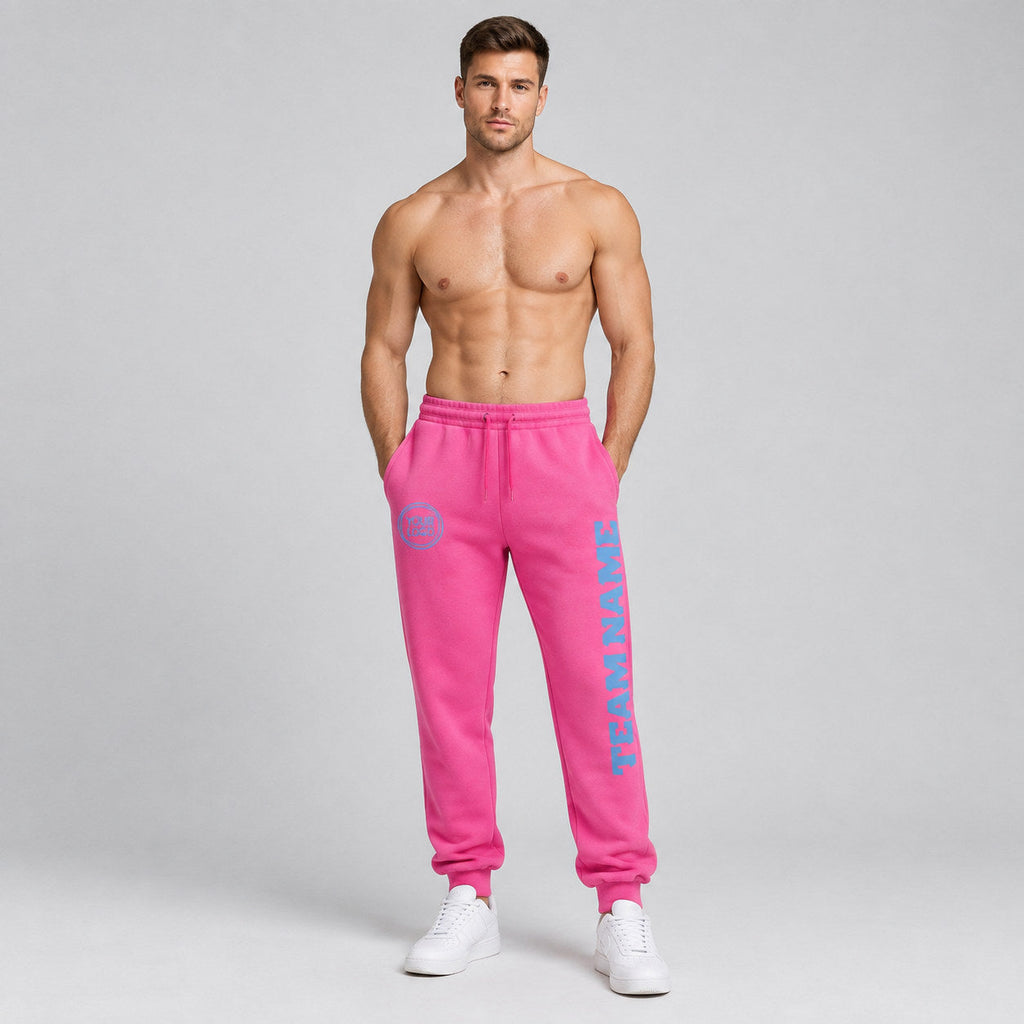 Custom Pink Fleece Jogger Sweatpants with Light Blue Accents worn by male model