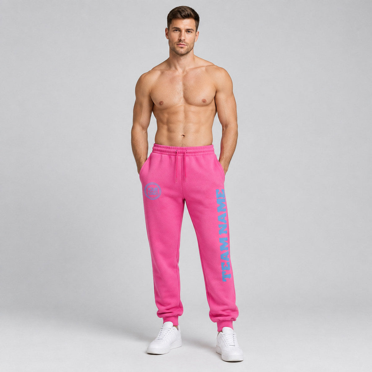 Custom Pink Fleece Jogger Sweatpants with Light Blue Accents worn by male model