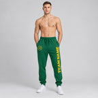 Custom Kelly Green Fleece Jogger Sweatpants with Gold Accents worn by male model