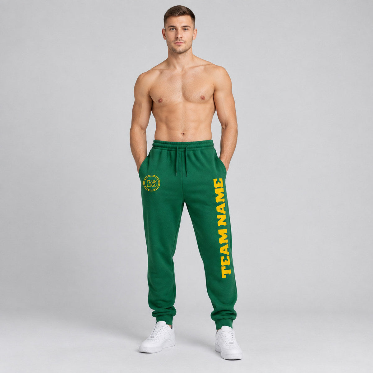 Custom Kelly Green Fleece Jogger Sweatpants with Gold Accents worn by male model