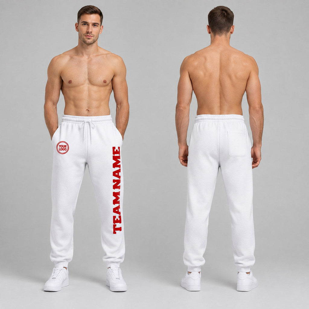 Custom White Fleece Jogger Sweatpants with Red Accents worn by male model