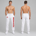 Custom White Fleece Jogger Sweatpants with Red Accents worn by male model