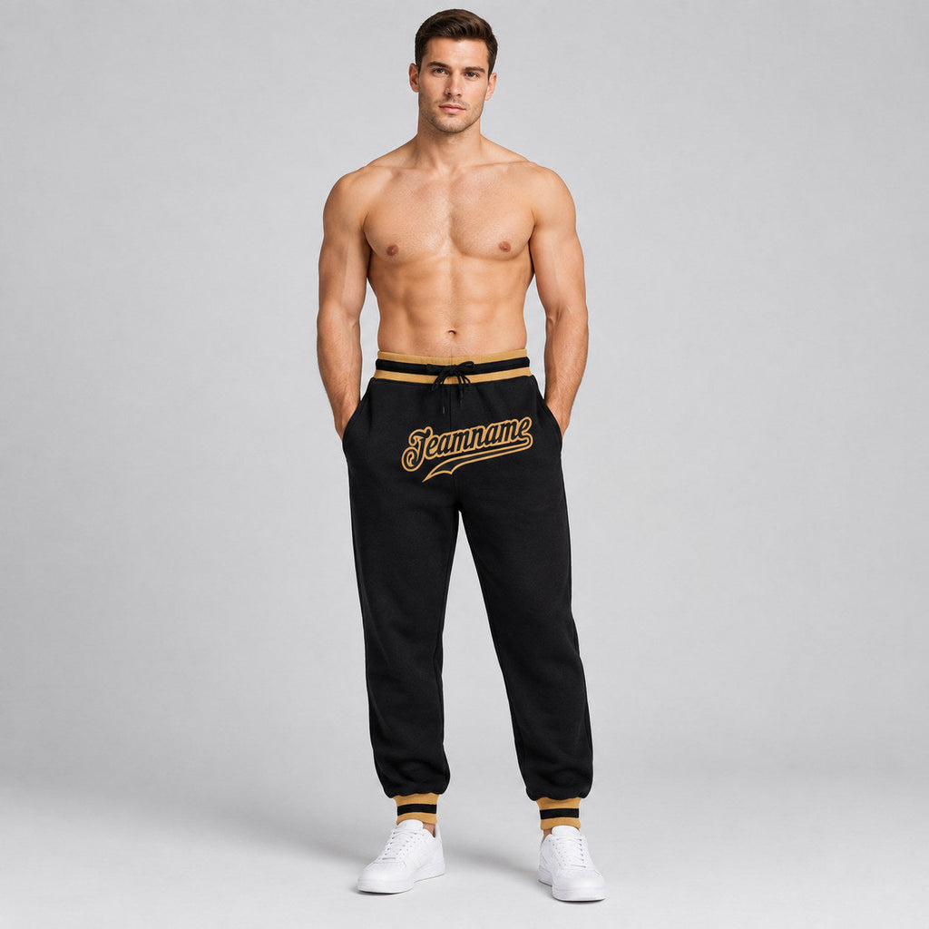 Custom Black Pants with Black and Old Gold Accents worn by male model