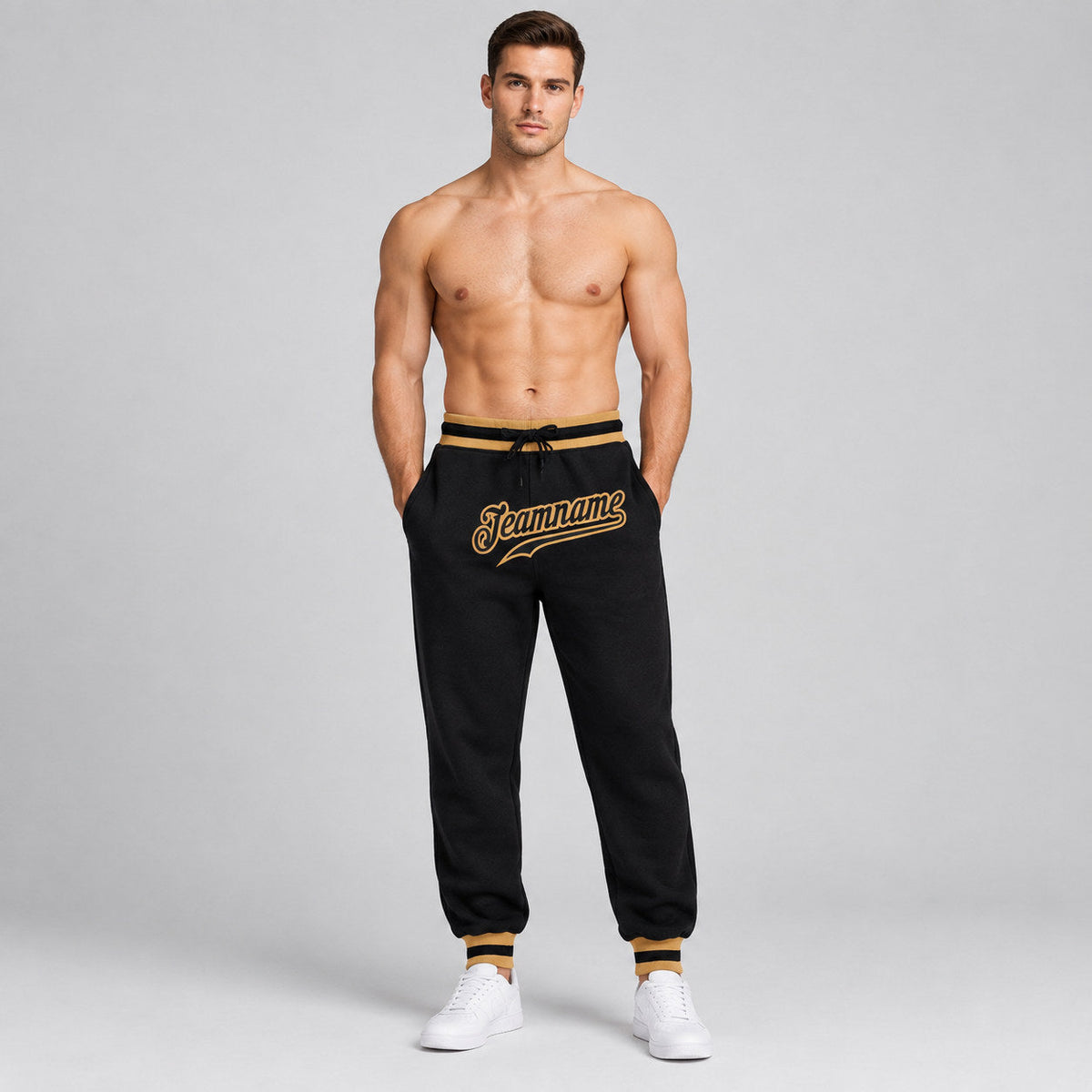 Custom Black Pants with Black and Old Gold Accents worn by male model