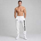Custom White Fleece Jogger Sweatpants with Black Accents worn by male model