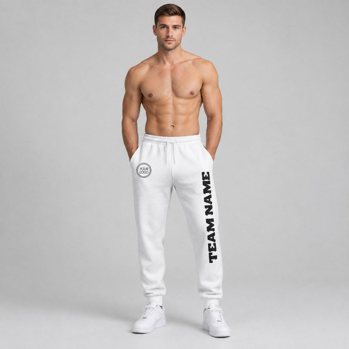 Custom White Fleece Jogger Sweatpants with Black Accents worn by male model