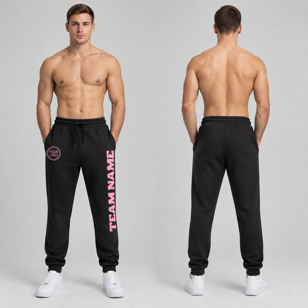 Custom Black Fleece Jogger Sweatpants with Medium Pink Accents worn by male model