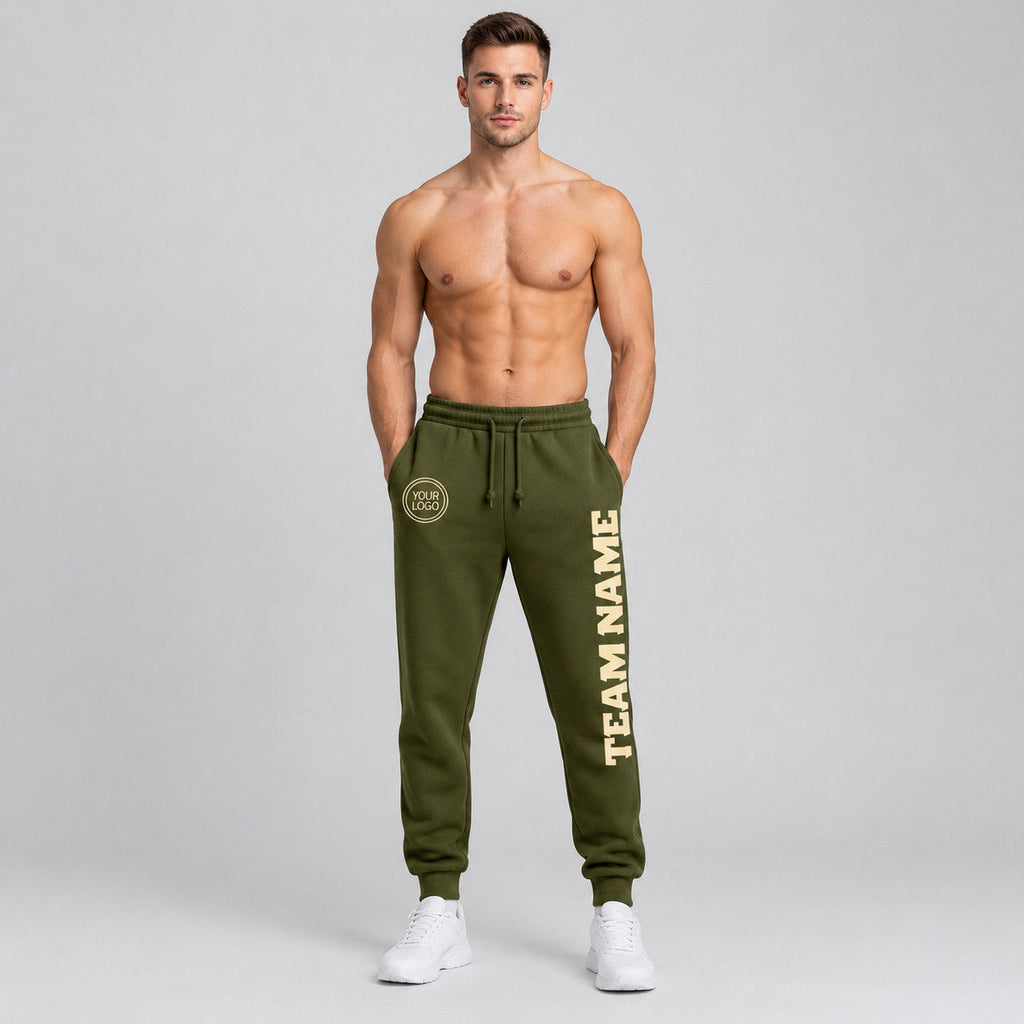 Custom Olive Salute To Service Fleece Jogger Sweatpants with Cream Accents worn by male model