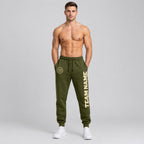 Custom Olive Salute To Service Fleece Jogger Sweatpants with Cream Accents worn by male model