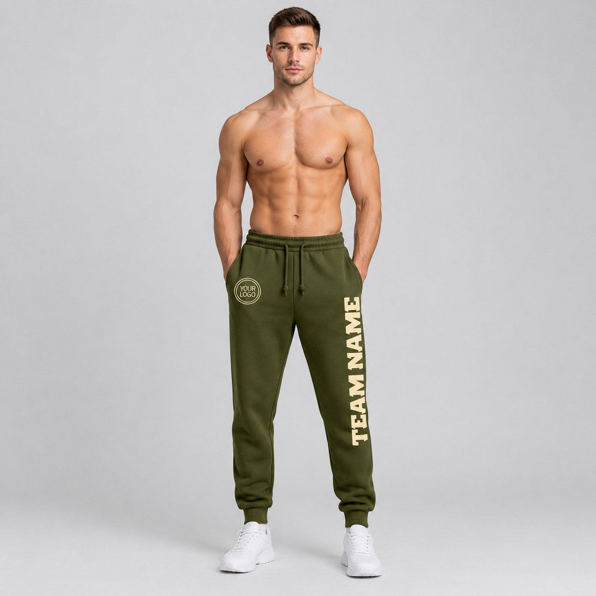Custom Olive Salute To Service Fleece Jogger Sweatpants with Cream Accents worn by male model