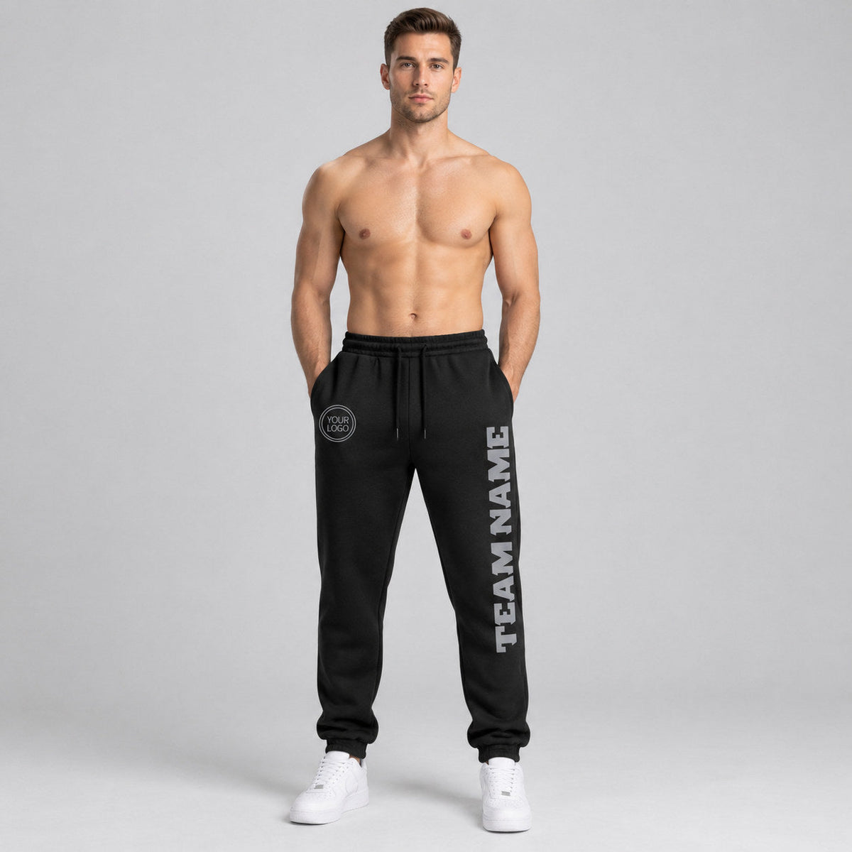 Custom Black Fleece Jogger Sweatpants with Gray Accents worn by male model