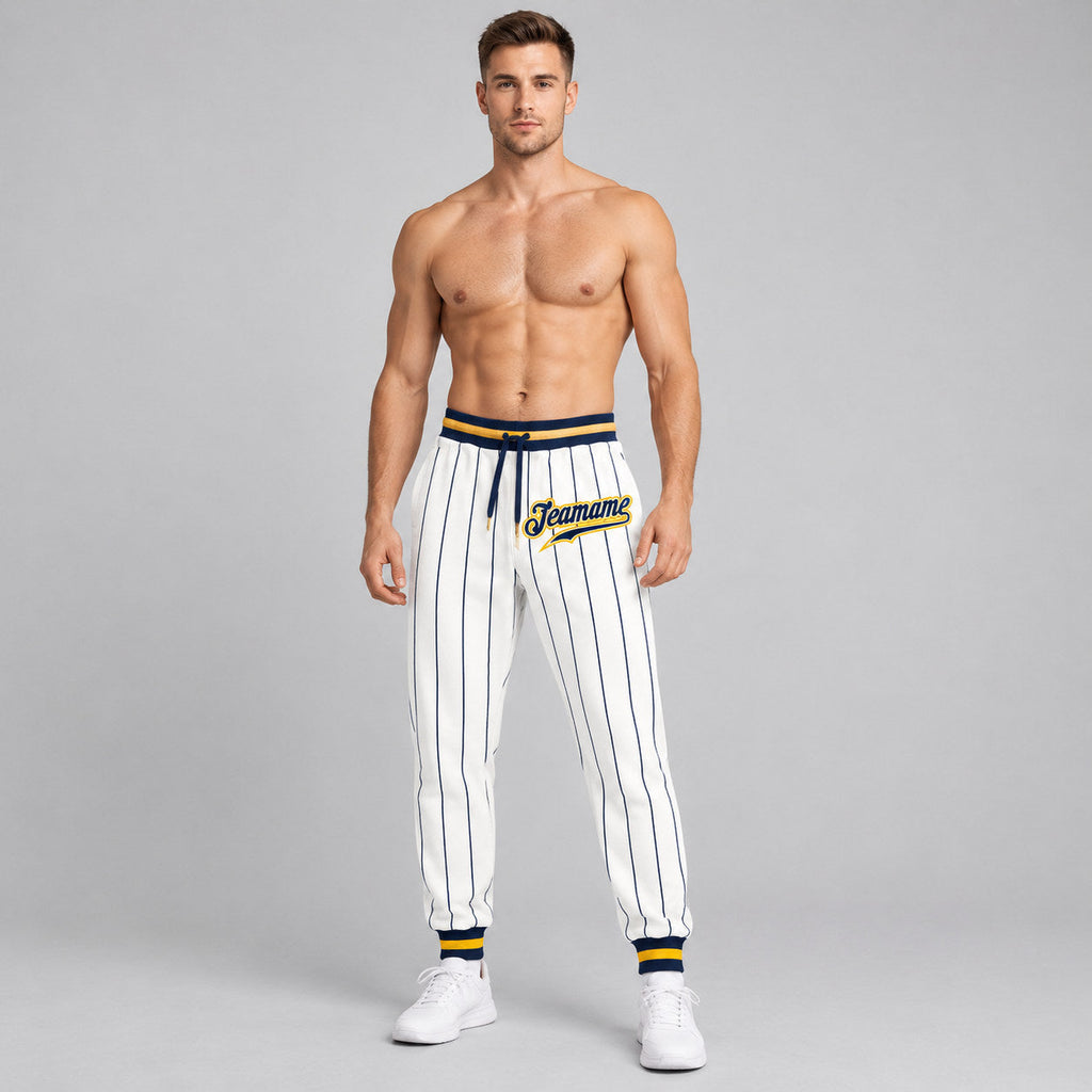 Custom White and Navy Pinstripe Pants with Navy and Gold Accents worn by male model