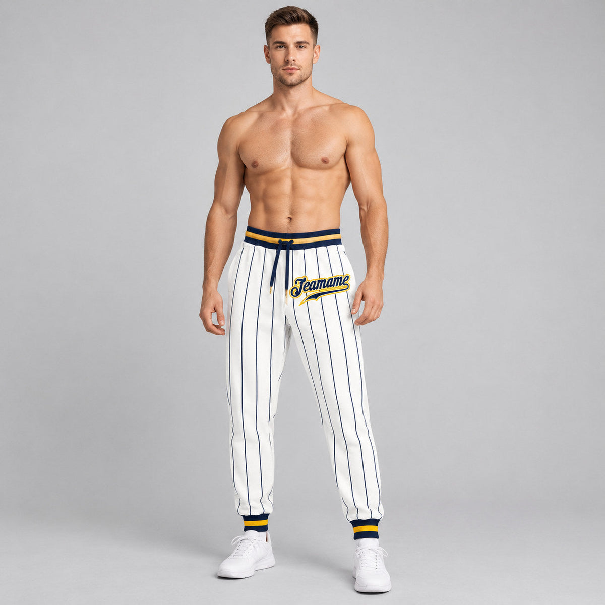 Custom White and Navy Pinstripe Pants with Navy and Gold Accents worn by male model