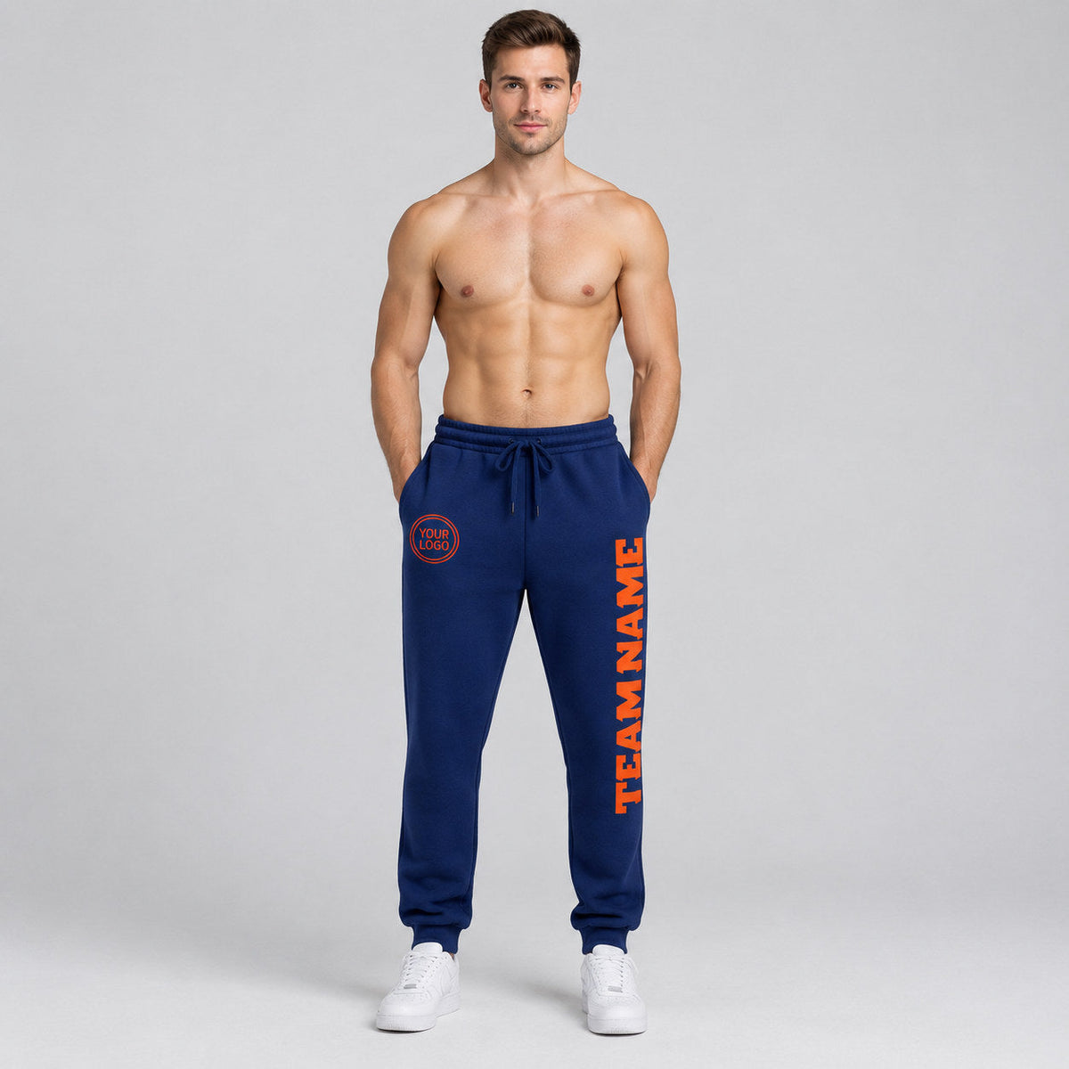 Custom Royal Fleece Jogger Sweatpants with Orange Accents worn by male model