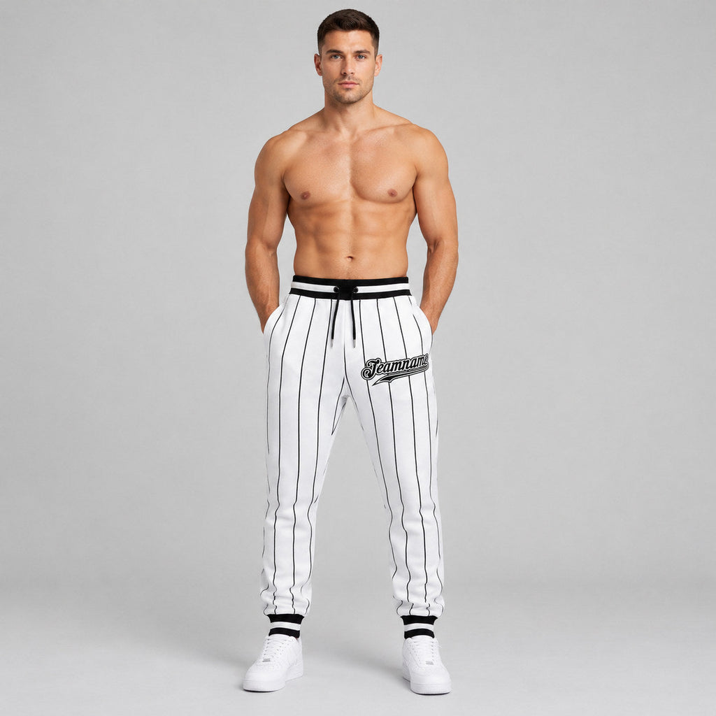 Custom White and Black Pinstripe Pants with Black and White Accents worn by male model