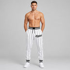 Custom White and Black Pinstripe Pants with Black and White Accents worn by male model