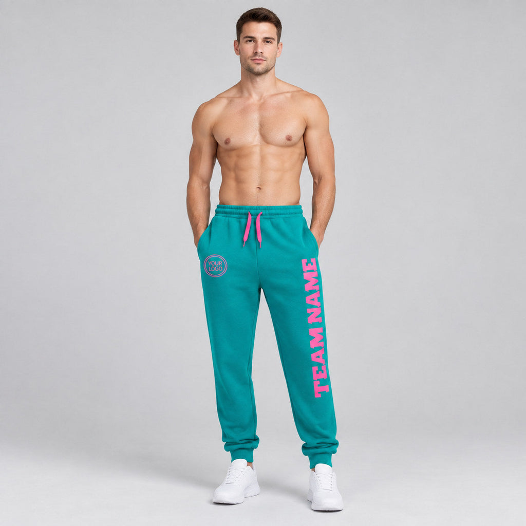 Custom Aqua Fleece Jogger Sweatpants with Pink Accents worn by male model