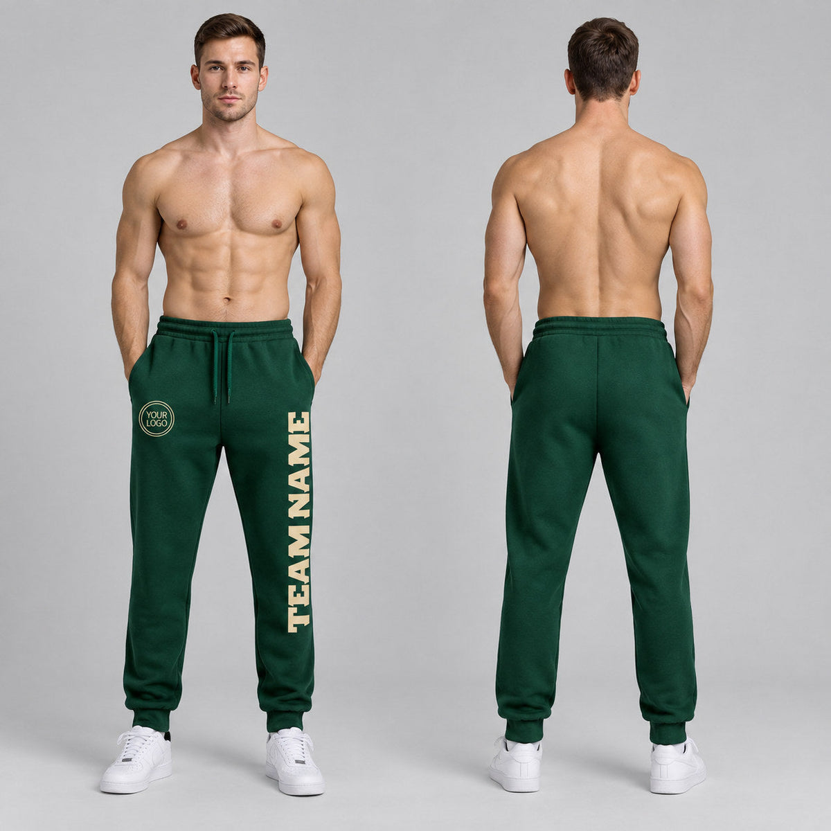 Custom Green Fleece Jogger Sweatpants with Cream Accents worn by male model