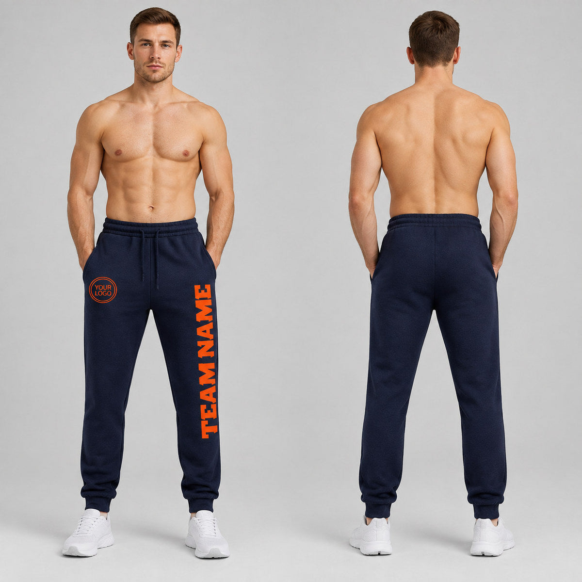 Custom Navy Fleece Jogger Sweatpants with Orange Accents worn by male model