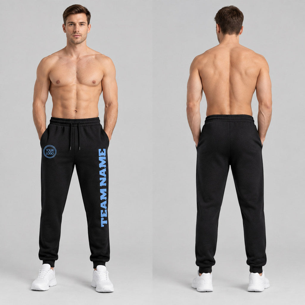 Custom Black Fleece Jogger Sweatpants with Light Blue Accents worn by male model