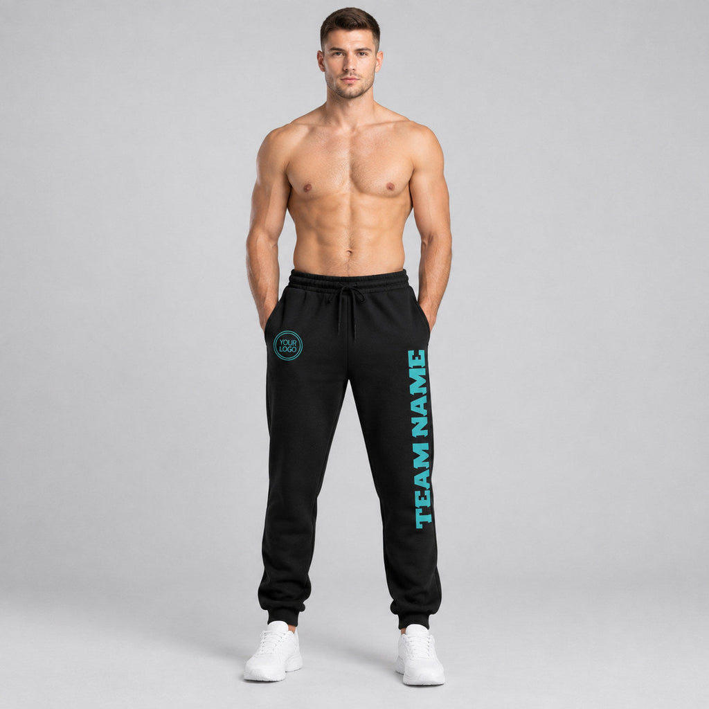 Custom Black Fleece Jogger Sweatpants with Aqua Accents worn by male model