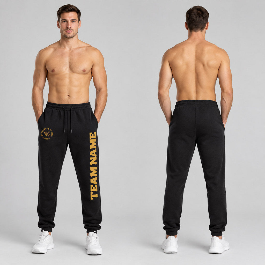 Custom Black Fleece Jogger Sweatpants with Old Gold Accents worn by male model
