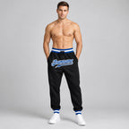 Custom Black Pants with Royal and White Accents worn by male model