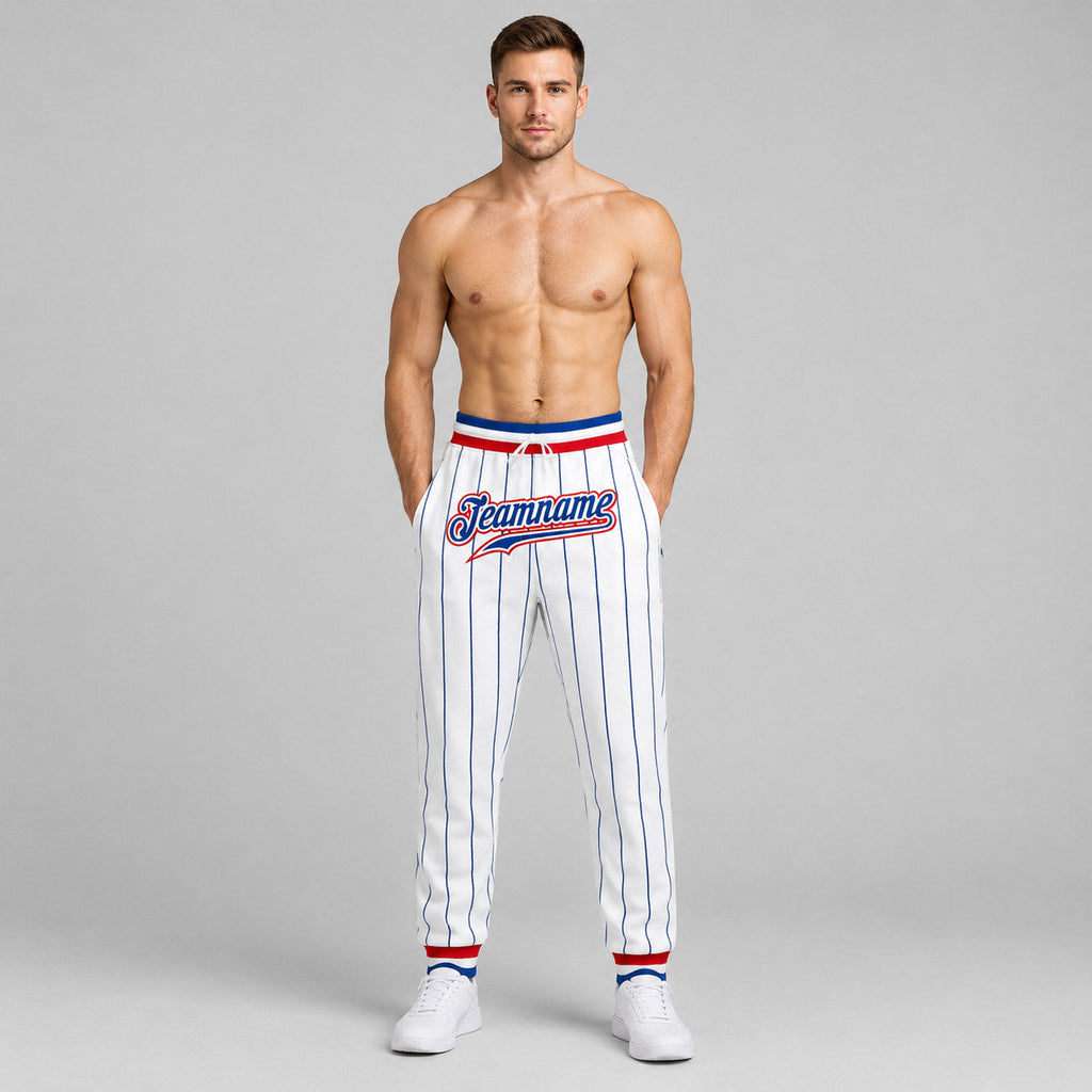 Custom White and Royal Pinstripe Pants with Royal and Red Accents worn by male model