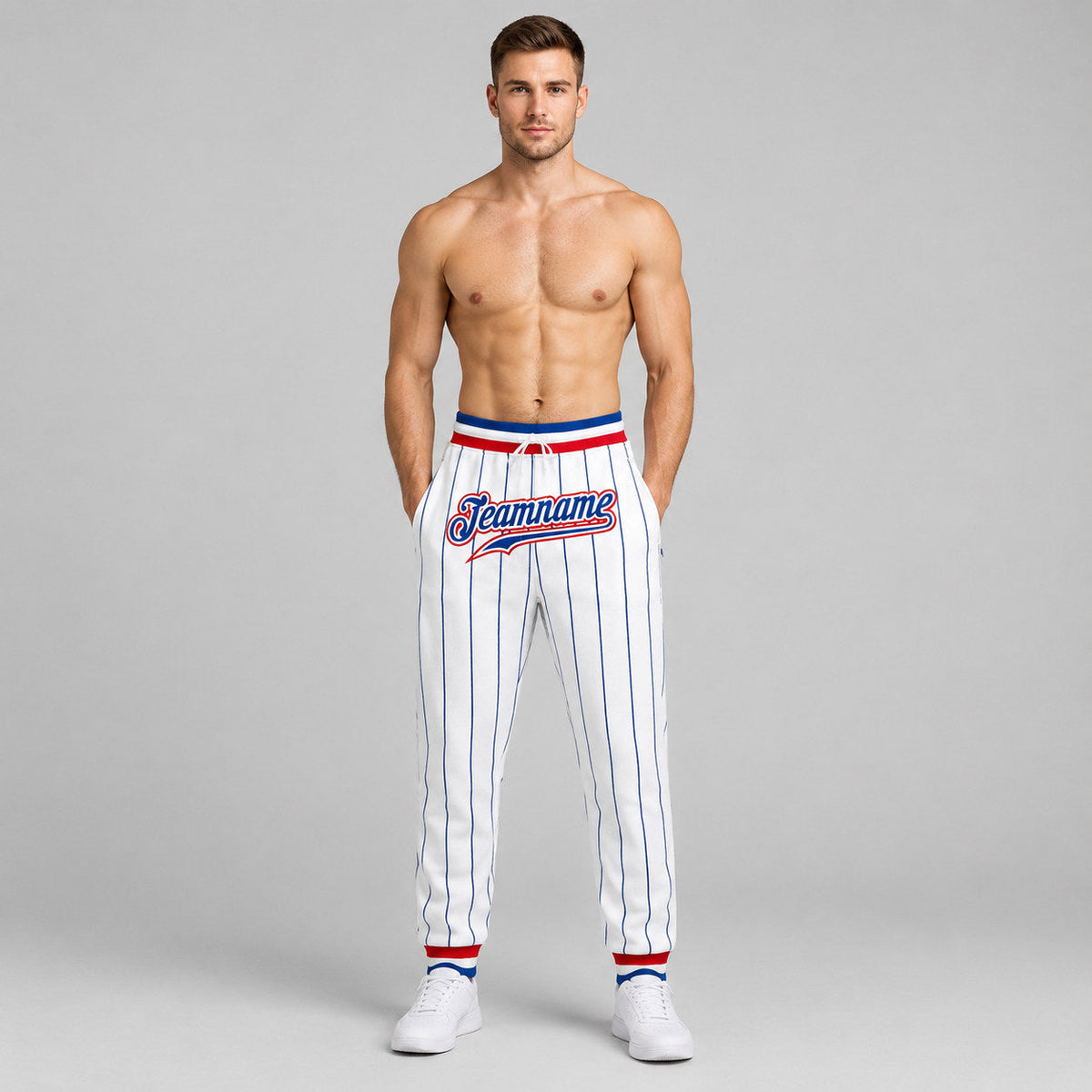 Custom White and Royal Pinstripe Pants with Royal and Red Accents worn by male model