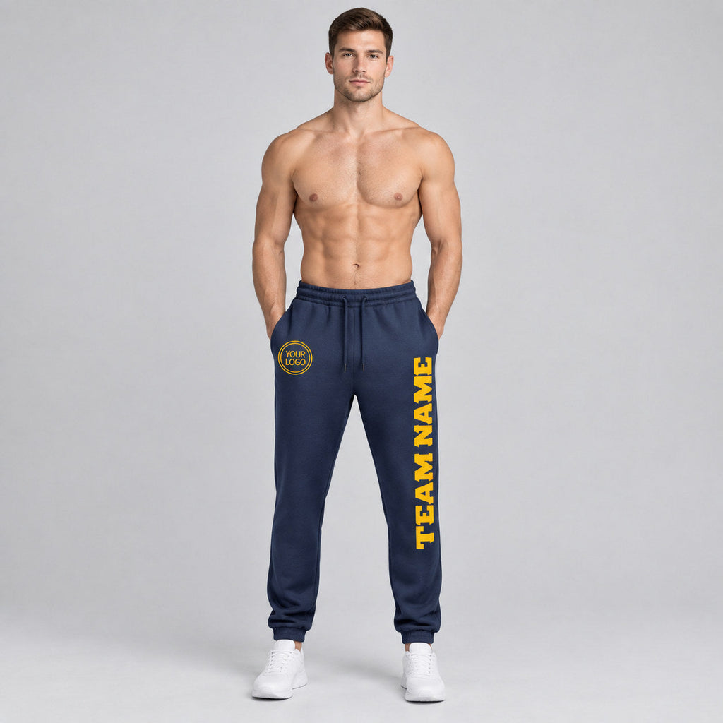 Custom Navy Fleece Jogger Sweatpants with Gold Accents worn by male model