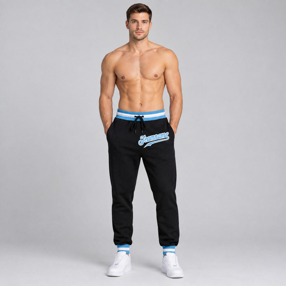 Custom Black Pants with Light Blue and White Accents worn by male model