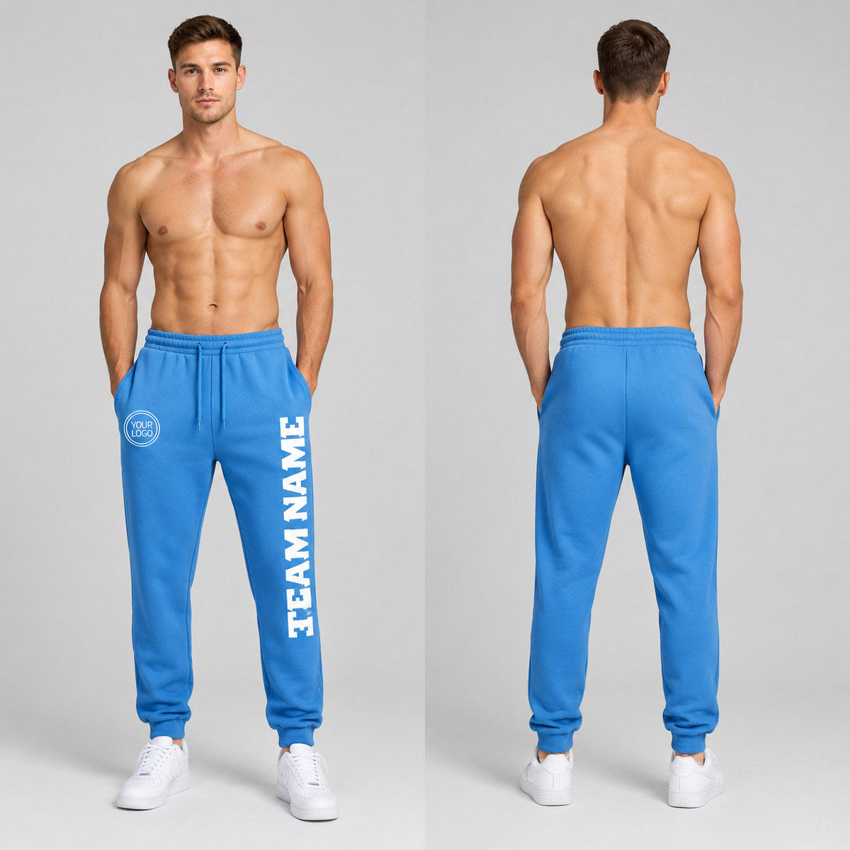 Custom Powder Blue Fleece Jogger Sweatpants with White Accents worn by male model