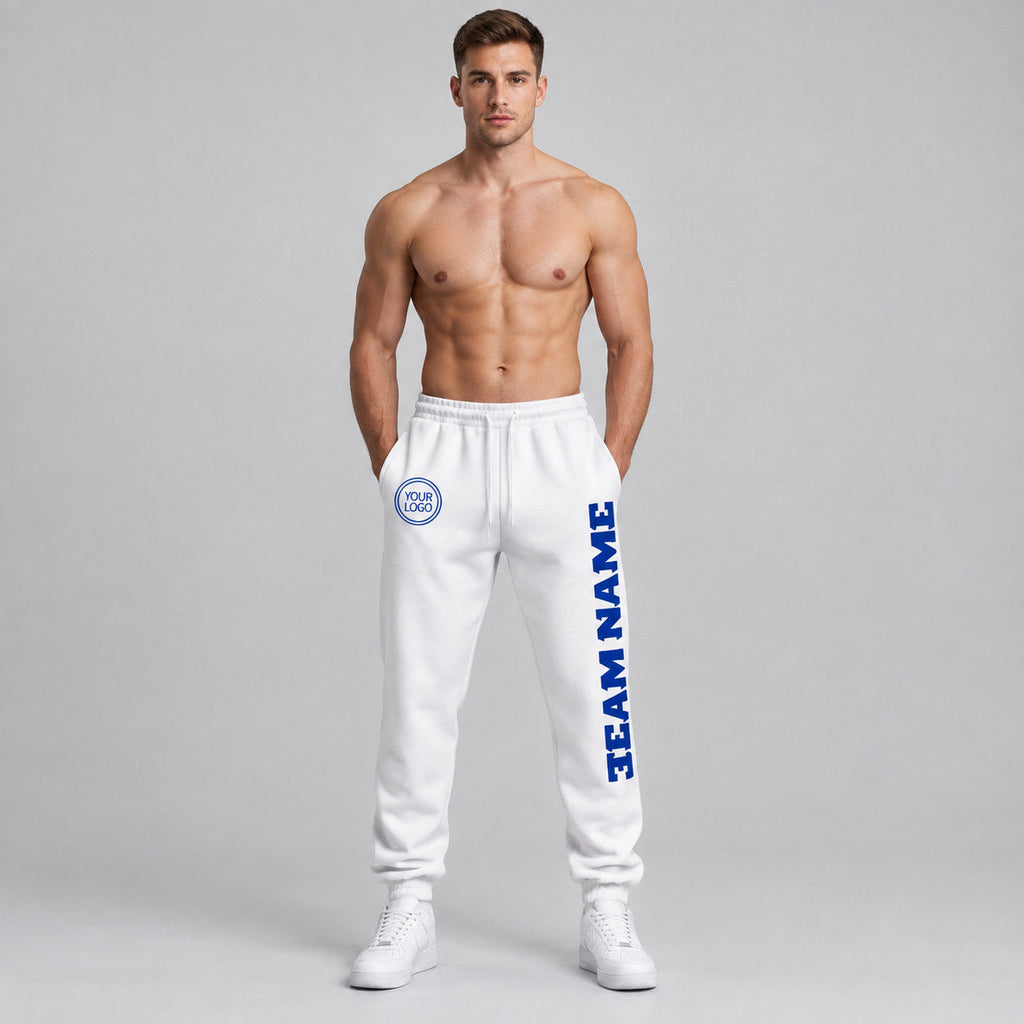Custom White Fleece Jogger Sweatpants with Royal Accents worn by male model