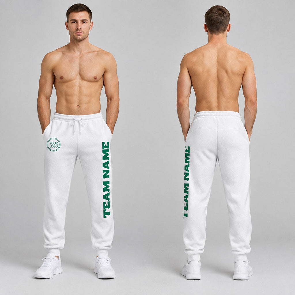Custom White Fleece Jogger Sweatpants with Kelly Green Accents worn by male model