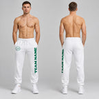 Custom White Fleece Jogger Sweatpants with Kelly Green Accents worn by male model