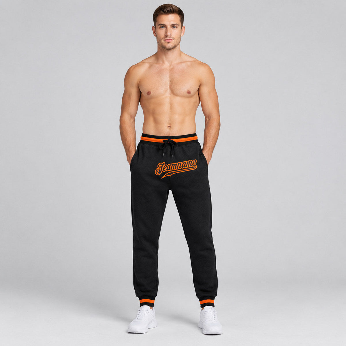 Custom Black Pants with Black and Orange Accents worn by male model