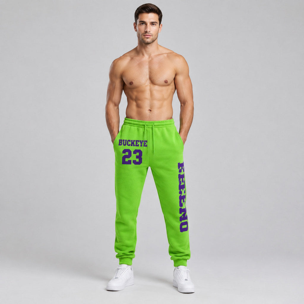 Custom Neon Green Fleece Jogger Sweatpants with Purple Accents worn by male model