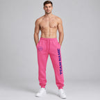 Custom Pink Fleece Jogger Sweatpants with Purple Accents worn by male model