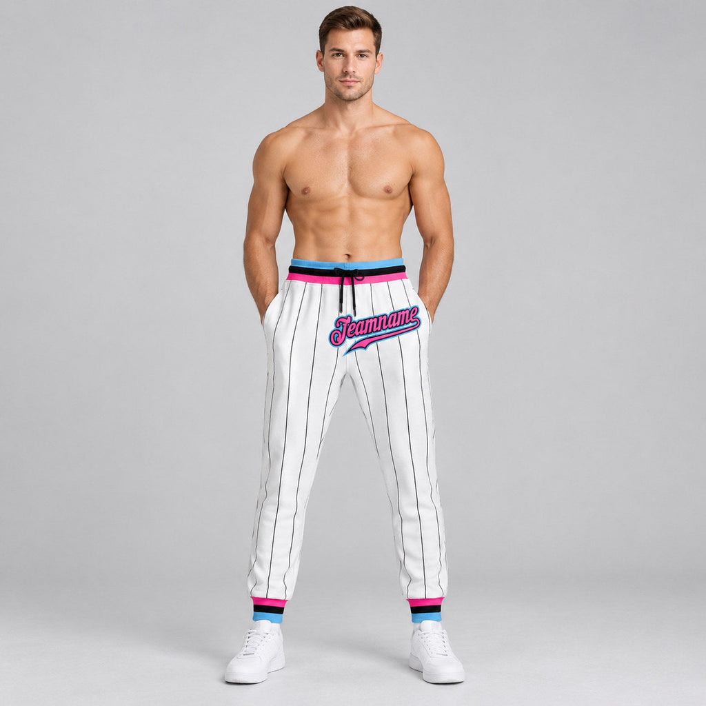 Custom White and Black Pinstripe Pants with Pink and Light Blue Accents worn by male model