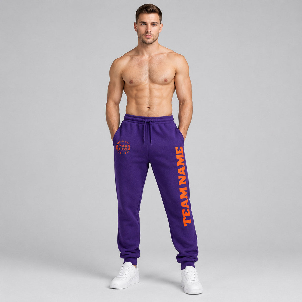 Custom Purple Fleece Jogger Sweatpants with Orange Accents worn by male model